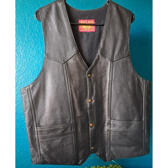 Black Other - Men's MB ELITE Black Genuine Leather Motorcycle Riding Vest L-XL